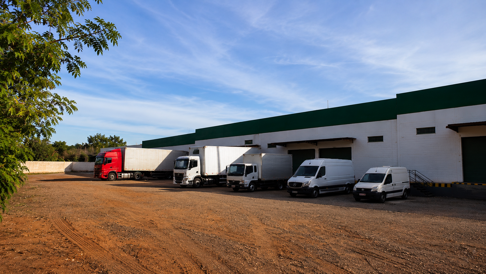 Pátio operacional com caminhões na doca
